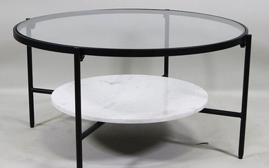 ROUND GLASS COFFEE TABLE WITH MARBLE SHELF