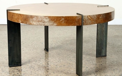 ROUND PARCHMENT COVERED COFFEE TABLE BRONZE LEGS