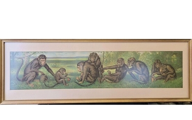 Rare Yard Long Monkey Lithograph 1904 "A Happy Family"