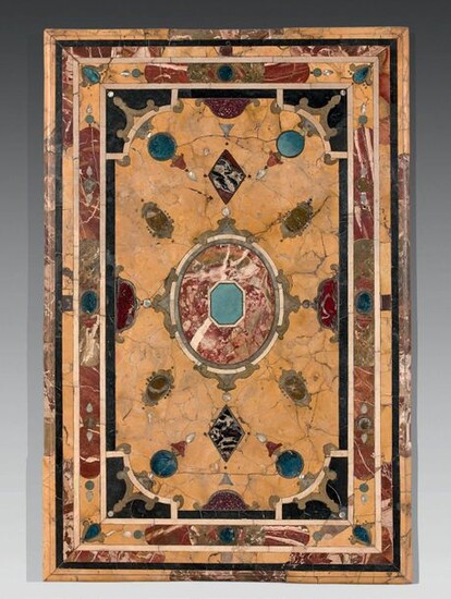Rare rectangular tray in marble marquetry, hard stones and engraved brass such as amarello yellow, azurite, Bilbao red