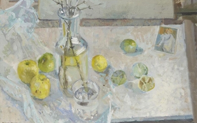 Richard Pikesley, British b.1951 - Still Life on Marble; oil on canvas, signed lower left 'Richard Pikesley' and inscribed with artist's details on the reverse, 40.8 x 61 cm (ARR)