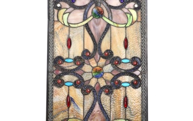 River of Goods Victorian Style Slag Glass and Jeweled Glass Panel, 21st C.