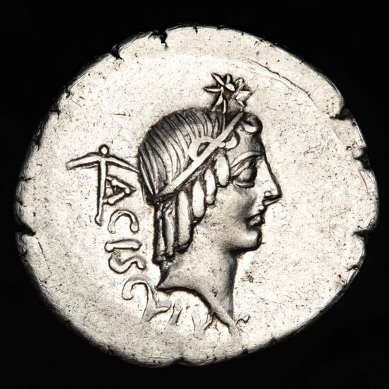 Roman Republic. L. Valerius Acisculus, 45 B.C.. Silver Denarius,Rome mint - Apollo Soranus / Europa seated on bull, rare.