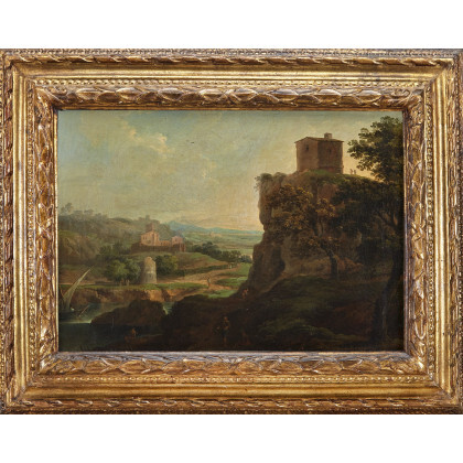 Roman school, late 18th - early 19th century River landscape with figures Oil on canvas, 39.5x51 cm. On the...