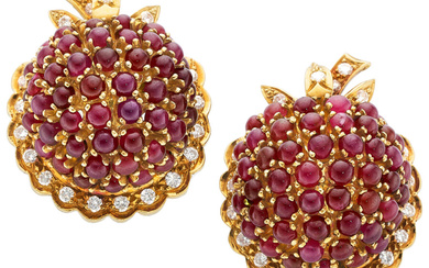 Ruby, Diamond, Gold Earrings Stones: Ruby cabochons; full-cut diamonds...