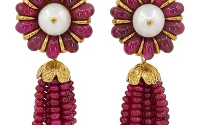 Ruby Pearl Yellow Gold Detachable Tassel Earrings
