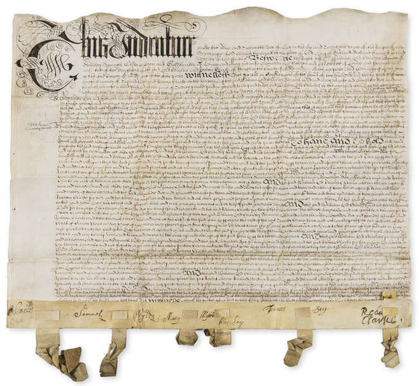 Runnymede.- Indenture agreement between William Lord Chandos, Samuel Wilde to pay Rebecca Clarke £230 bargain and sale "all those three acres of meadow... called Runney Meade", manuscript document on vellum, 1674.