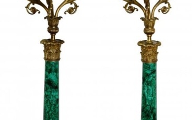 Rusian style Gilt-Bronze mounted Malachite Candelabra