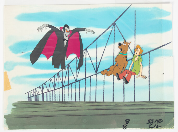 "SCOOBY-DOO" PRODUCTION ANIMATION CELS WITH HAND PAINTED BACKGROUND, C. 1970S, H 9 1/2", W 12"