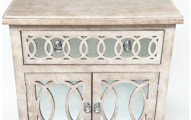 SIDE CABINET, limed oak, mirror panelled and tracery decorat...
