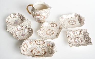 SIX PIECES OF JAMES KENT POMPADOUR CHINA (A/F), LEONARD JOEL LOCAL DELIVERY SIZE: SMALL