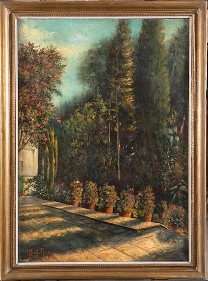 SPANISH SCHOOL S. XX "Garden" Oil on canvas. Signed in the lower left corner "Alfredo Ruiz" Measures: 100 x 70 cm. Exit: 400uros. (66.554 Ptas.)