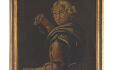 Scuola dell'Italia settentrionale del secolo XVIII "La fattucchiera" olio su tela (cm 73x59). In cornice dorata (difetti e buchi alla...