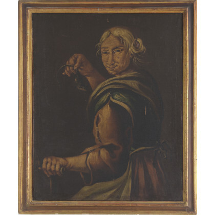Scuola dell'Italia settentrionale del secolo XVIII "La fattucchiera" olio su tela (cm 73x59). In cornice dorata (difetti e buchi alla...