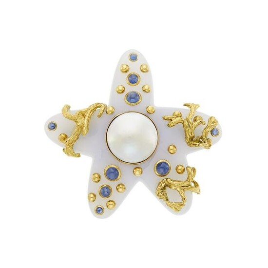 Seaman Schepps Blue Chalcedony, Gold, Mabé Pearl and Cabochon Sapphire Starfish Brooch
