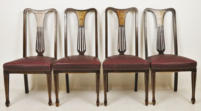 Series of 4 Edwardian dining room chairs - Leather, Mother of pearl - Approx. 1910