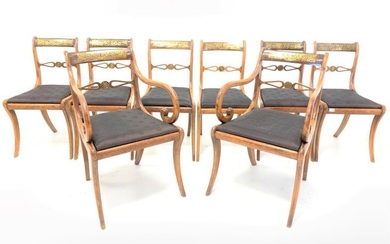 Set eight Regency rosewood dining chairs, shaped crest rail...