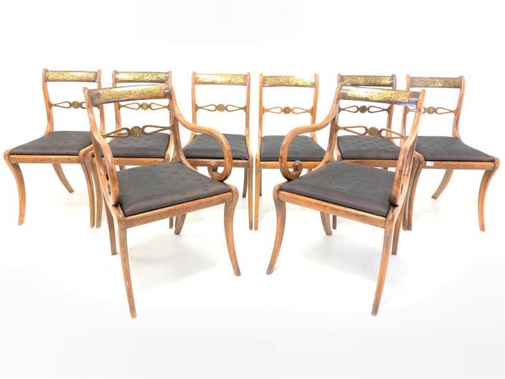 Set eight Regency rosewood dining chairs, shaped crest rail...