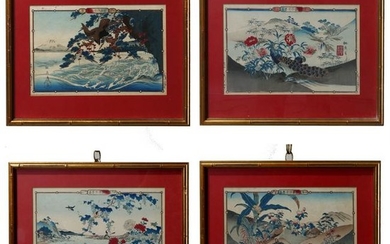 Set of Four Antique Japanese Hiroshige School Wood