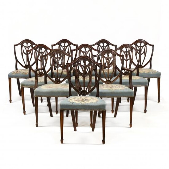 Set of Ten Antique English Hepplewhite Style Mahogany Dining Chairs