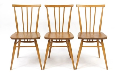Set of three Ercol Windsor light elm stick back chairs
