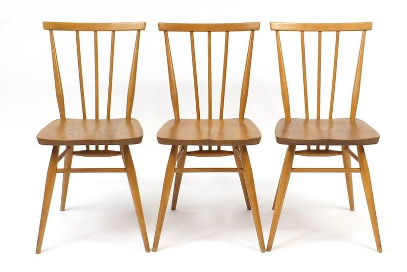 Set of three Ercol Windsor light elm stick back chairs