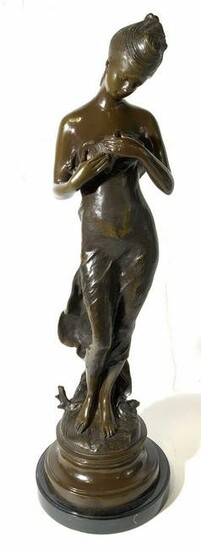 Signed TIM ROBINSON Bronze Sculpture Girl w Dove