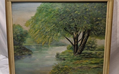 Signed Vintage Green Tree Landscape Oil Painting on