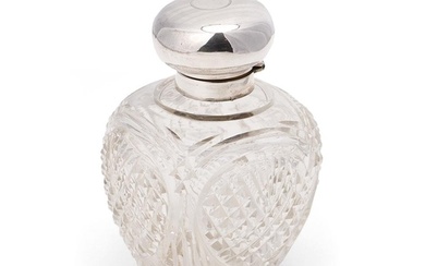 Silver topped cut glass perfume bottle, with glass stopper, ...