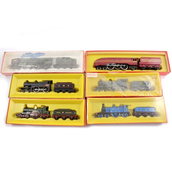 Six Tri-ang Hornby OO gauge model railway locomotives