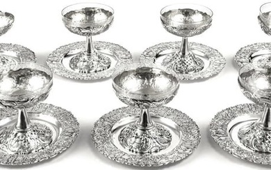 Six silver Plate fruit Compotes with Crystal Inserts and Also Six Matching Underplates 6.5"