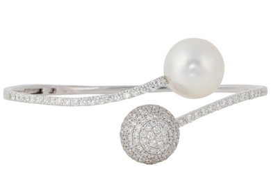 South Sea Pearl Diamond Bypass Bangle Bracelet 2.80 Carats 18K White Gold