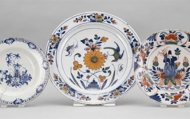 THREE ANTIQUE DELFT PLATES One with blue and...