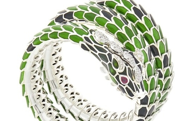 Sterling Silver, White Gold, Diamond, Green and Black Enamel Coiled Dragon Bracelet