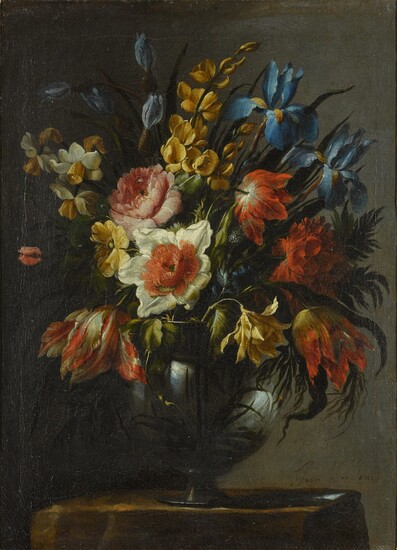 Still life of flowers, including tulips, iris and narcissi, in a glass vase, Juan de Arellano