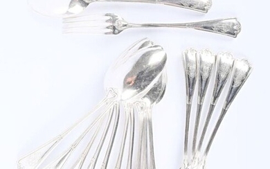 Suite of five silver entremet place settings and six silver entremet spoons, the handle decorated with fillets, leafy staples and coiling.