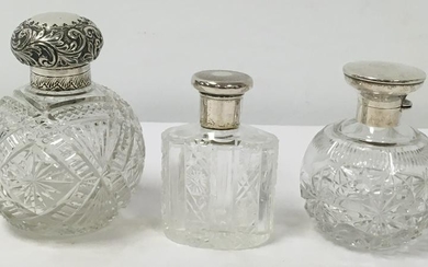 THREE ANTIQUE CUT CRYSTAL & STERLING SILVER BOTTLE