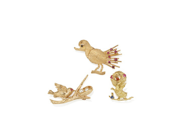THREE GOLD, CULTURED PEARL AND GEM-SET BIRD BROOCHES