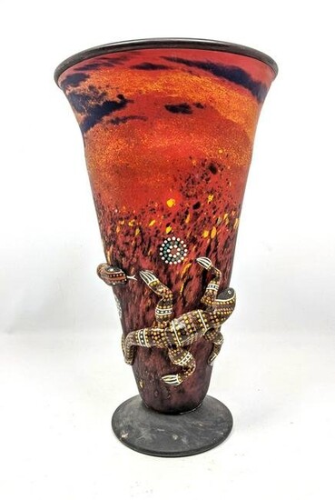 TINA & NUUNA Art Glass Vase. Applied 3D Lizard. Signed