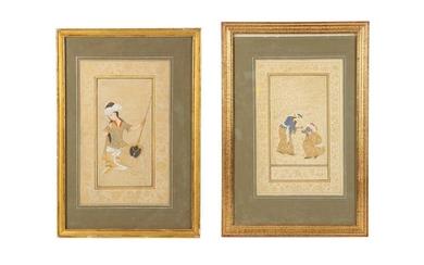 TWO ARCHAISTIC SAFAVID-REVIVAL TINTED DRAWINGS Iran, late 19th - first half 20th century