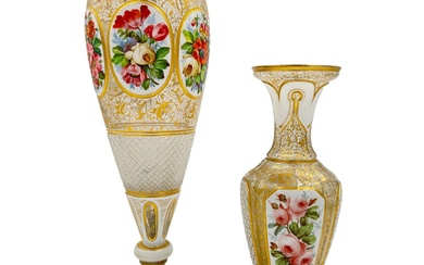 TWO BOHEMIAN GLASS OVERLAY VASES, EXQUISITE HAND-PAINTED PANELS OF...