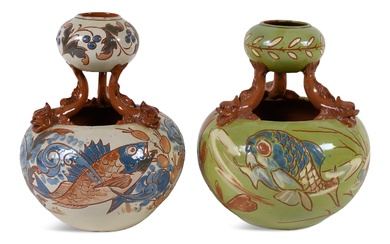 TWO C.H. BRANNAM FOR BRANNAM POTTERY STUDIO (BARNSTAPLE, DEVON) AESTHETIC MOVEMENT GLAZED-POTTERY VASES WITH FISH DECORATION Approx. height of both: 9 1/2 in. (24.1 cm.)