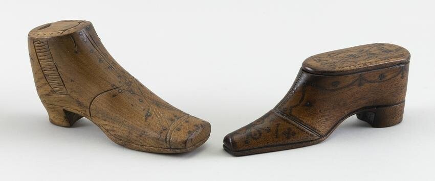 TWO ENGLISH SHOE-FORM TREEN AND PIQUE WORK SNUFF BOXES