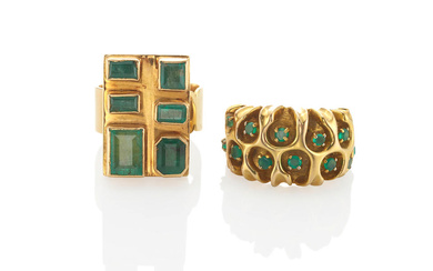 TWO GOLD AND EMERALD RINGS