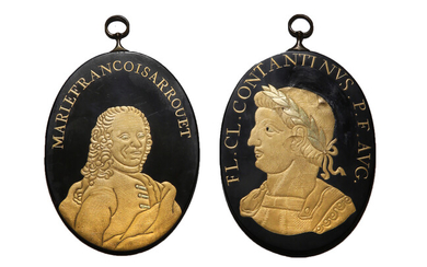 TWO JAPANESE LACQUER MEDALLIONS ON COPPER OF FAMOUS EUROPEAN FIGURES