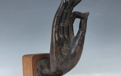 Thai Bronze Cast Buddha Hand Statue on Wood Stand