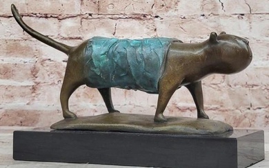 The Cat of Botero Inspired Bronze Bronze Sculpture on Marble Base with Green Patina - 7" x 11"