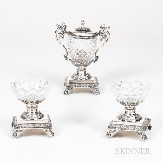 Three French Sterling Silver and Glass Condiment Accessories