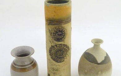 Three studio pottery vases, a tall hand built vase with