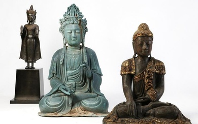Three wood and metal Asian models of deities